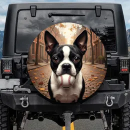 Boston Terrier Baseball Autumn Leaves Cobblestone Street Buildings - Pet Lover Fall Decor Spare Tire Cover