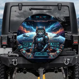 Sci-Fi Cat Astronaut Spaceship Cockpit Holographic - Space Lover Gift for Cat Owners Spare Tire Cover