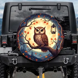 Wide-Eyed Brown Owl Tree Branch Moon Autumn Lantern Castle - Wildlife Lover Gift for Owl Lovers Spare Tire Cover