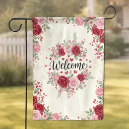 Welcome Script Roses Hearts Lush Floral Border Home Decor Gift Garden Flag