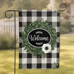 Welcome Oval Sign Wreath Anemone Buffalo Plaid - Rustic Farmhouse Home Decor Gift Garden Flag