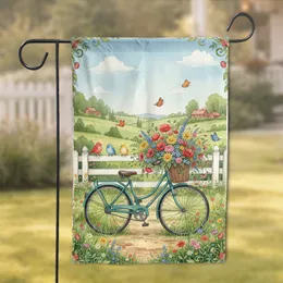 Vintage Teal Bicycle Wildflower Basket Meadow Picket Fence - Farmhouse Home Decor Gift Garden Flag