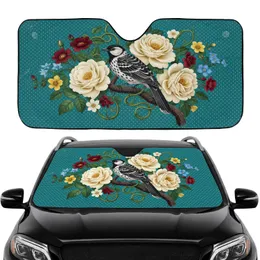 Creamy White Roses Black Bird Botanical Floral Teal Polka Dot - Car Interior Upgrade Car Sunshade