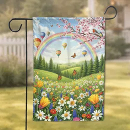 Rainbow Wildflower Meadow Hot Air Balloons Blossoming Tree Songbirds - Spring Summer Home Decor Gift Garden Flag