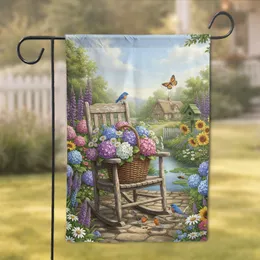 Rustic Rocking Chair Garden Bluebirds Hydrangeas Cottage Scene - Garden Lover Gift Garden Flag