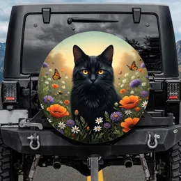 Amber Eye Black Cat Poppy Aster Meadow Nature Lover Gift for Cat Lover Spare Tire Cover