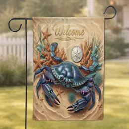 Vibrant Blue Crab Sand Dollar Welcome Sign - Coastal Home Decor Gift Garden Flag