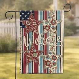 Deconstructed American Flag Welcome Script Floral Stars Home Entrance Decor Garden Flag
