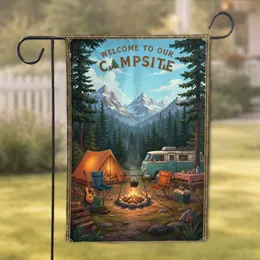 Welcome Our Campsite Campfire Scene - Outdoor Home Decor Gift for Camping Enthusiasts Garden Flag