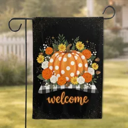 Polka Dot Pumpkin Welcome Script Gingham Tablecloth Autumn Flowers - Fall Home Decor Gift Garden Flag