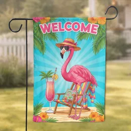 Pink Flamingo Welcome Text Hibiscus Beach Chair - Tropical Poolside Home Decor Gift Garden Flag