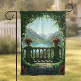 Ornate Balcony Lake Mountain View - Lakeside Home Decor Gift Garden Flag