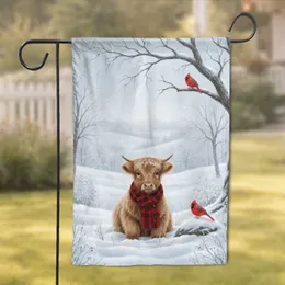 Baby Highland Cow Red Cardinals Snowy Winter Scene - Wildlife Lover Home Decor Gift Garden Flag