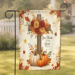 Rustic Cross Autumn Flowers Pumpkins Give Thanks To The Lord - Thanksgiving Holiday Decor Garden Flag