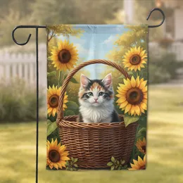 Fluffy Calico Kitten Wicker Basket Sunflowers - Home Decor Gift for Cat Lover Garden Flag