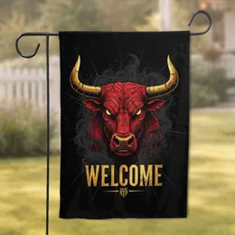 Red Fur Bull Head Golden Horns Welcome Sign - Distinctive Wildlife Home Decor Gift Garden Flag