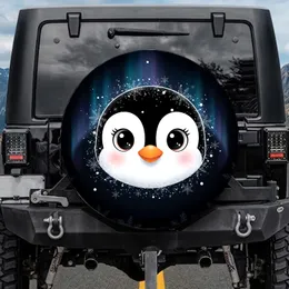 Wide-Eyed Cartoon Penguin Face, Snowflakes & Ice Crystals, Aurora Sky - Winter Lover Gift Spare Tire Cover