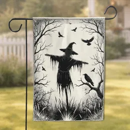 Imposing Tattered Scarecrow Crows Bare Trees Spiderweb - Gothic Home Decor Gift Garden Flag