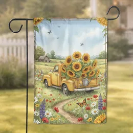 Rustic Yellow Pickup Truck Sunflowers Barn Wildflower Meadow - Countryside Decor Gift Garden Flag