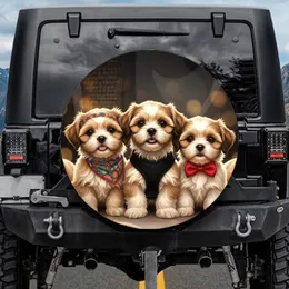 Three Shih Tzu Puppies Beaded Headband Harness Bow Tie - Pet Dog Lover Vehicle Accessory Spare Tire Cover