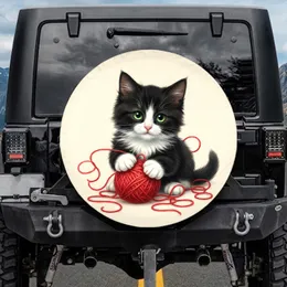 Black White Tuxedo Kitten Red Yarn Ball Playful - Cat Lover Everyday Accessory Spare Tire Cover