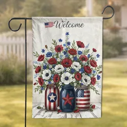 Welcome Patriotic Mason Jar Poppies Anemones - Independence Day Gift Garden Flag