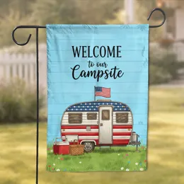 Patriotic Vintage Travel Trailer Welcome Campsite - Outdoor Living Gift Garden Flag