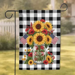 Welcome Sunflowers American Flag Mason Jar Buffalo Plaid - Farmhouse Decor Gift Garden Flag