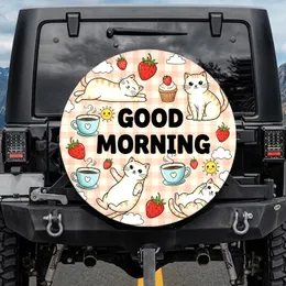 Cute Cartoon Cats Strawberries Coffee Cupcakes Suns 'GOOD MORNING' - Cat Lover Gift Spare Tire Cover