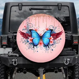 Blue Morpho Butterfly Pink Plumeria Red Feathers Foliage - Nature Lover Gift Spare Tire Cover