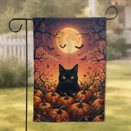 Black Cat Halloween Pumpkins Autumn Moon Bats - Halloween Decor Gift for Cat Lover Garden Flag