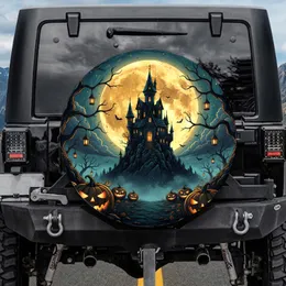 Haunted Castle Glowing Jack-O-Lanterns Full Moon - Halloween Decor Spare Tire Cover