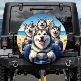 Five Husky Dogs Beach Ocean Ride - Dog Lover Travel Essentials Spare Tire Cover