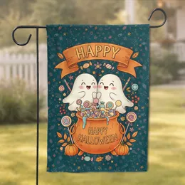 Friendly Cartoon Ghosts Cauldron Candy Pumpkin - Happy Halloween Holiday Decor Garden Flag