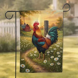 Majestic Plumed Rooster Wild Daisy Barn Sunset Countryside Landscape - Farmhouse Decor Gift Garden Flag