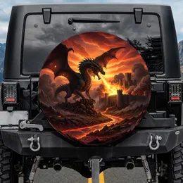 Jagged Rock Dragon Glowing Red Eyes Fire Castle - Fantasy Lover Gift Spare Tire Cover