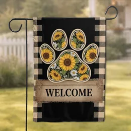 Paw Print Sunflower Welcome Burlap - Rustic Farmhouse Home Decor Gift Garden Flag