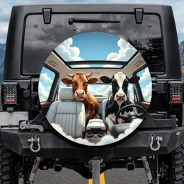 Brown Holstein Cows Driving Luxury Vehicle Interior Blue Sky - Cow Lover Gift Spare Tire Cover