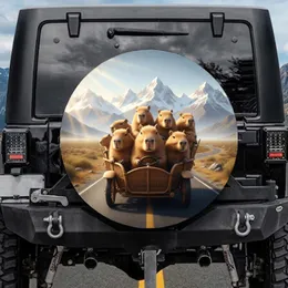 Cheerful Capybaras Driving Sun-Drenched Desert Road & Mountains - Wildlife Lover Gift Spare Tire Cover