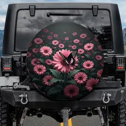 Prominent Black Butterfly Pink Daisy Bloom Leafy Greens - Lush Floral Wildlife Lover Gift Spare Tire Cover