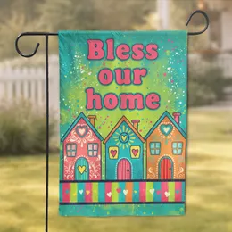 Distressed Folk Art Houses Heart Windows 'Bless Our Home' Striped Ground - Home Decor Gift Garden Flag