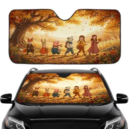 Autumn Forest Walk Fox Rabbit Pig Dog Girl Foliage Path - Road Trip Gift Car Sunshade