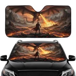 Armored Knight Dragon Battle Volcanic Landscape - Road Trip Gift for Fantasy Lover Car Sunshade
