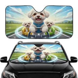 Happy Fluffy Bichon Frise Dogs Driving Car Scenic Landscape Travel Accessory Car Sunshade