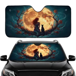 Woman Black Cat Fiery Moon Autumn Branches Mist - Road Trip Gift for Cat Lover Car Sunshade