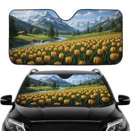 Golden Yellow Tulips Alpine River Mountains Cabin - Car Interior Upgrade Car Sunshade