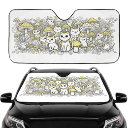 Cartoon Cats Mushrooms Foliage Field - Cat Lover Road Trip Car Interior Upgrade Car Sunshade