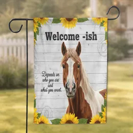 Brown Horse Sunflower Welcome-ish - Distressed Wood Farmhouse Home Decor Garden Flag