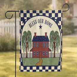 Red Country House 'BLESS OUR HOME' Banner Primitive Stars Farmhouse Home Decor Gift Garden Flag