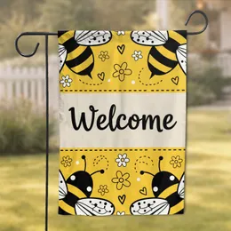 Cartoon Bees Welcome Text Polka Dotted Wings White Flowers Hearts - Home Decor Gift Garden Flag
